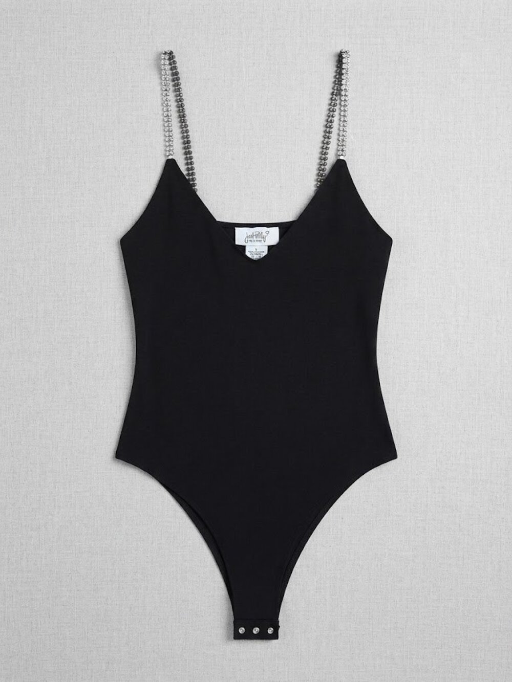 Just Polly Rhinestone Strap V-Neck Bodysuit Black Cami Top Size Large EUC